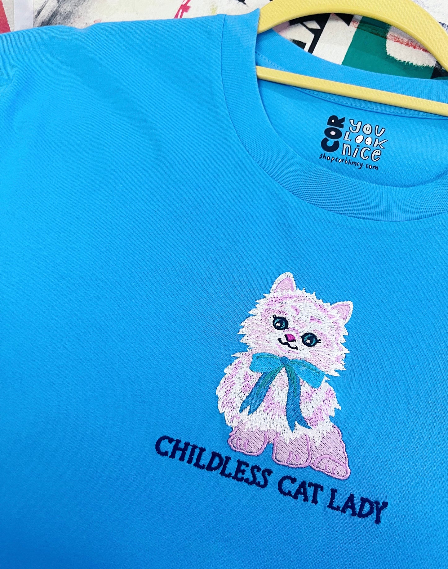 CHILDLESS CAT LADY EMBROIDERED T-SHIRT